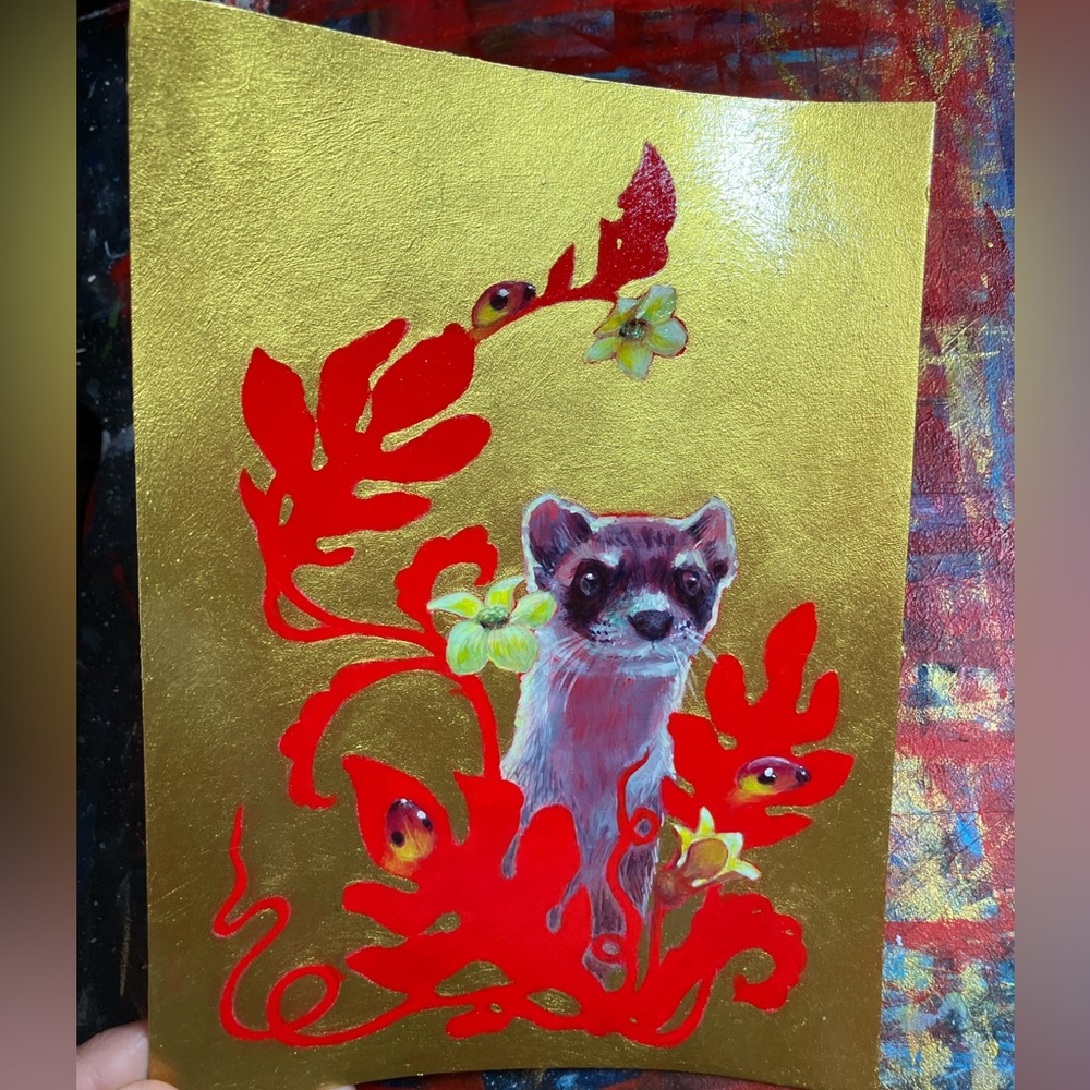 Original Ferret Art surrealism Painting Creature Gold Red home Flowers Artettina